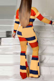 Colour Casual Striped Print Patchwork O Neck Long Sleeve Two Pieces