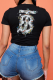 Black Casual Print Patchwork Letter O Neck T-Shirts
