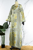 Yellow Casual Print Patchwork O Neck Long Sleeve Dresses