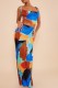 Blue Sexy Casual Print Backless Spaghetti Strap Sleeveless Two Pieces