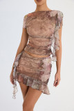 Khaki Sexy Print Patchwork Flounce O Neck Short Sleeve Two Pieces