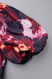 Deep Red Elegant Print Patchwork Asymmetrical Collar A Line Dresses