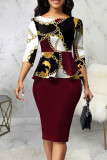 Green Casual Print Patchwork O Neck One Step Skirt Dresses