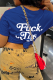 Navy Blue Casual Print Patchwork Letter O Neck T-Shirts