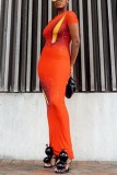 Tangerine Red Casual Print Basic O Neck Short Sleeve Dress Dresses