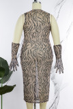 Black Sexy Print Patchwork See-through O Neck Pencil Skirt Plus Size Dresses
