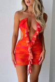 Colour Sexy Solid Patchwork Flounce Halter Pencil Skirt Dresses
