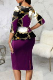 Green Casual Print Patchwork O Neck One Step Skirt Dresses