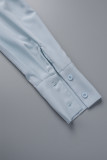 Light Blue Casual Solid Patchwork Turndown Collar Shirt Dress Dresses