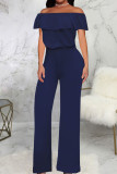 Red Casual Solid Patchwork Flounce Off the Shoulder Straight Jumpsuits