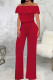 Red Casual Solid Patchwork Flounce Off the Shoulder Straight Jumpsuits