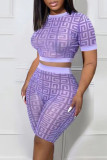 Purple Sexy Print Patchwork O Neck Short Sleeve Two Pieces