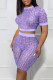 Purple Sexy Print Patchwork O Neck Short Sleeve Two Pieces