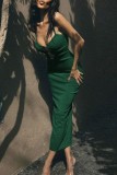 Green Sexy Solid Hollowed Out Backless Spaghetti Strap Long Dress Dresses
