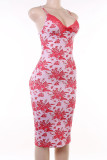 Pink Sexy Print Patchwork Spaghetti Strap One Step Skirt Dresses