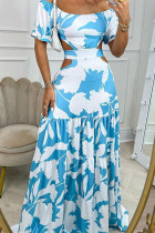 Blue Daily Elegant Print Hollowed Out O Neck Printed Dress Dresses