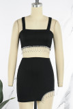 Black Sexy Casual Solid Tassel Patchwork Backless Spaghetti Strap Sleeveless Two Pieces