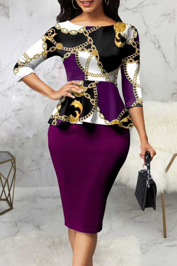 Purple Casual Print Patchwork O Neck One Step Skirt Dresses
