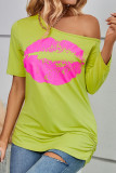 Rose Red Green Casual Lips Printed Printing Oblique Collar T-Shirts