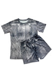 Light Gray Casual Print Patchwork O Neck Short Sleeve Two Pieces