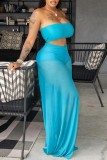 Blue Sexy Casual Solid Backless Strapless Sleeveless Two Pieces