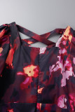 Deep Red Elegant Print Patchwork Asymmetrical Collar A Line Dresses