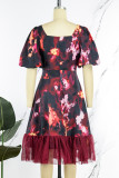 Deep Red Elegant Print Patchwork Asymmetrical Collar A Line Dresses