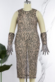 Black Sexy Print Patchwork See-through O Neck Pencil Skirt Plus Size Dresses