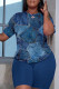 Blue Casual Print Basic O Neck Short Sleeve Two Pieces