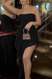 Black Sexy Solid Patchwork Flounce Slit Asymmetrical Strapless Long Dress Dresses