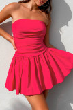 Rose Red Sexy Solid Patchwork Fold Strapless A Line Dresses