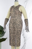 Black Sexy Print Patchwork See-through O Neck Pencil Skirt Plus Size Dresses