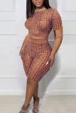 Purple Sexy Print Patchwork O Neck Short Sleeve Two Pieces