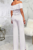 Red Casual Solid Patchwork Flounce Off the Shoulder Straight Jumpsuits