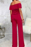 Red Casual Solid Patchwork Flounce Off the Shoulder Straight Jumpsuits