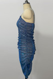 Blue Sexy Solid Fold Rhinestone Square Collar A Line Dresses