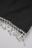 Black Sexy Casual Solid Tassel Patchwork Backless Spaghetti Strap Sleeveless Two Pieces