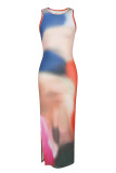Decorative Pattern Celebrities Elegant Print Tie-dye O Neck Sheath Dresses