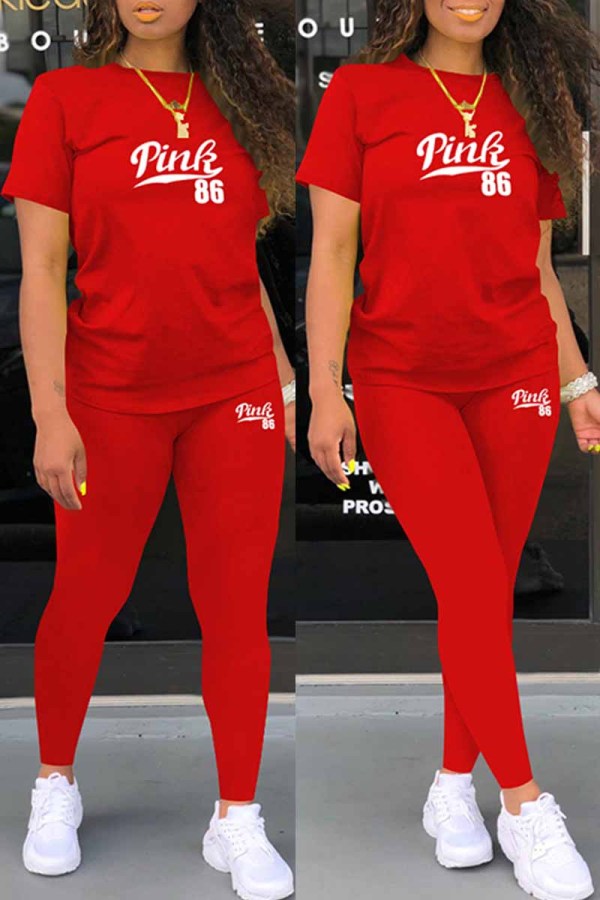 Red Casual Print Letter O Neck Short Sleeve Two Pieces