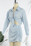Light Blue Casual Solid Patchwork Turndown Collar Shirt Dress Dresses