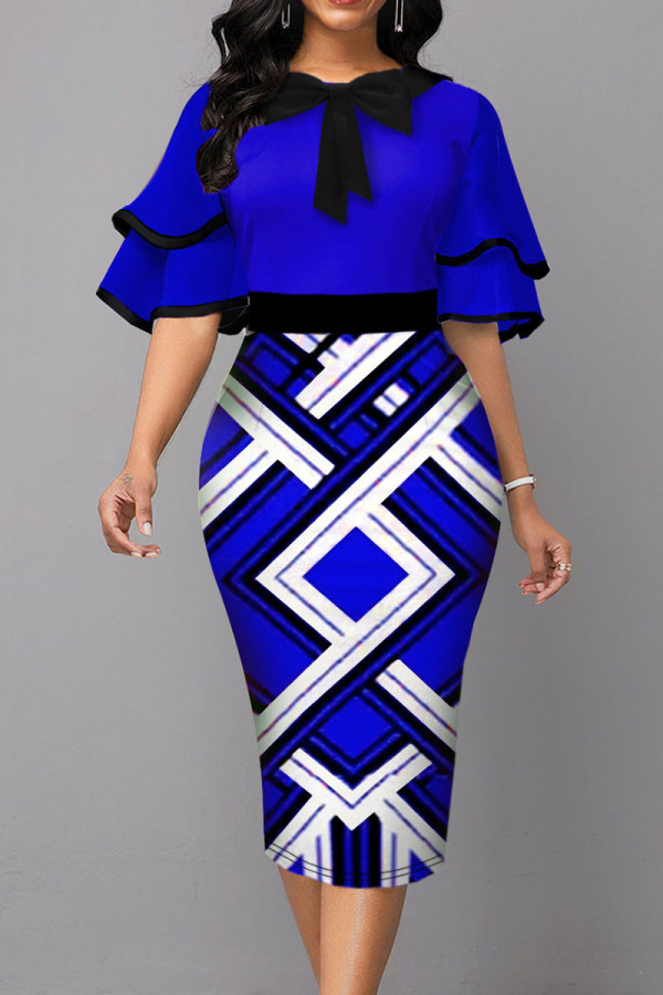 Blue Casual Print Patchwork With Bow O Neck One Step Skirt Dresses