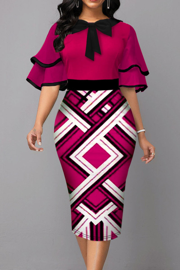 Rose Red Casual Print Patchwork With Bow O Neck One Step Skirt Dresses