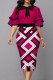 Rose Red Casual Print Patchwork With Bow O Neck One Step Skirt Dresses