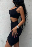 Black Solid Draw String Oblique Collar Wrapped Skirt Dresses