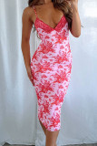 Pink Sexy Print Patchwork Spaghetti Strap One Step Skirt Dresses
