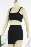 Black Sexy Casual Solid Tassel Patchwork Backless Spaghetti Strap Sleeveless Two Pieces