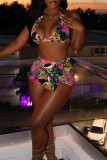 Colour Sexy Print Backless Halter Sleeveless Two Pieces