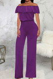 Red Casual Solid Patchwork Flounce Off the Shoulder Straight Jumpsuits