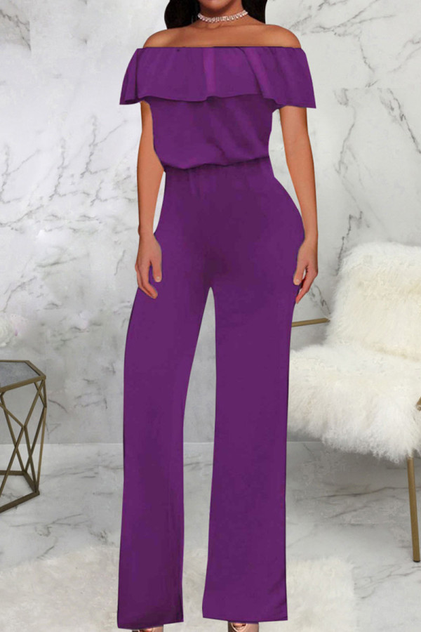 Purple Casual Solid Patchwork Flounce Off the Shoulder Straight Jumpsuits