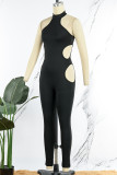 Brown Sexy Solid Hollowed Out Backless Halter Skinny Jumpsuits